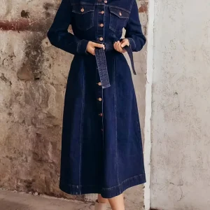 Women'S Elegant Belted Long Sleeve Button-Front Denim Dress