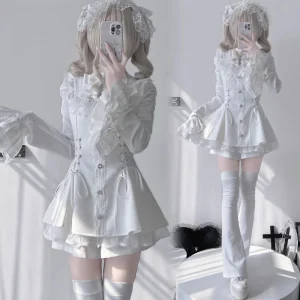 Japanese Gothic Lolita Dress Set Women Harajuku Y2k Bow Lace Ruffles Collar Mini Dresses Female Elegant Party Cute Dress