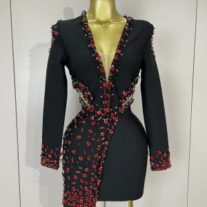 Women Celebrity Sexy Long Sleeve V Neck Rhinestone Black Bandage Dress 2025 Elegant Evening Club Luxury Birthday Party Dresses