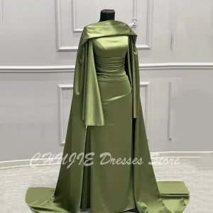 Customized Elegant Olive Green Evening Dress Muslim Formal Dresses Shawl Satin Arabia Long Sleeves Evening Gowns Party Dress
